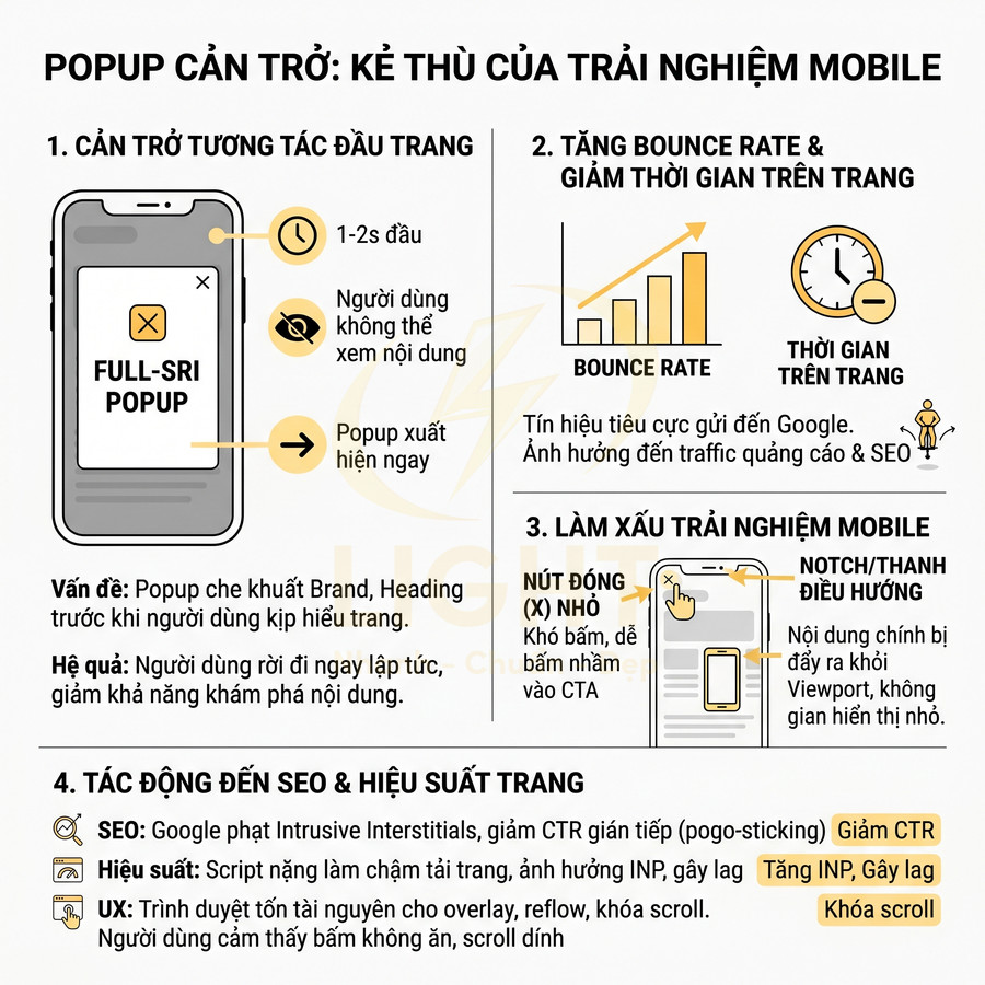 Infographic tiếng Việt về tác hại của popup toàn màn hình với trải nghiệm người dùng mobile và SEO