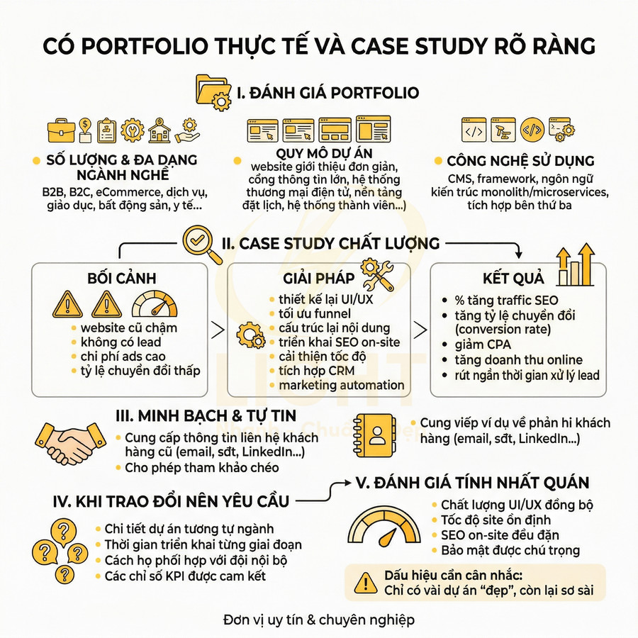 Infographic hướng dẫn đánh giá portfolio và case study rõ ràng cho dịch vụ thiết kế và tối ưu website, marketing online