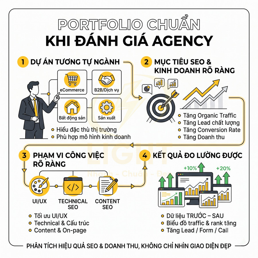 Infographic tiêu chí đánh giá portfolio chuẩn khi chọn agency SEO và đo lường hiệu quả kinh doanh