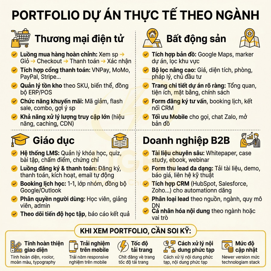Portfolio dự án thực tế theo ngành, giới thiệu tính năng website thương mại điện tử, bất động sản, giáo dục và doanh nghiệp B2B
