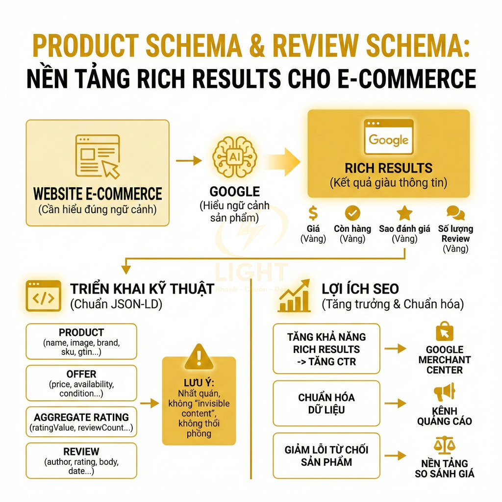 Hướng dẫn triển khai product schema và review schema JSON LD để tăng rich results SEO cho website e commerce