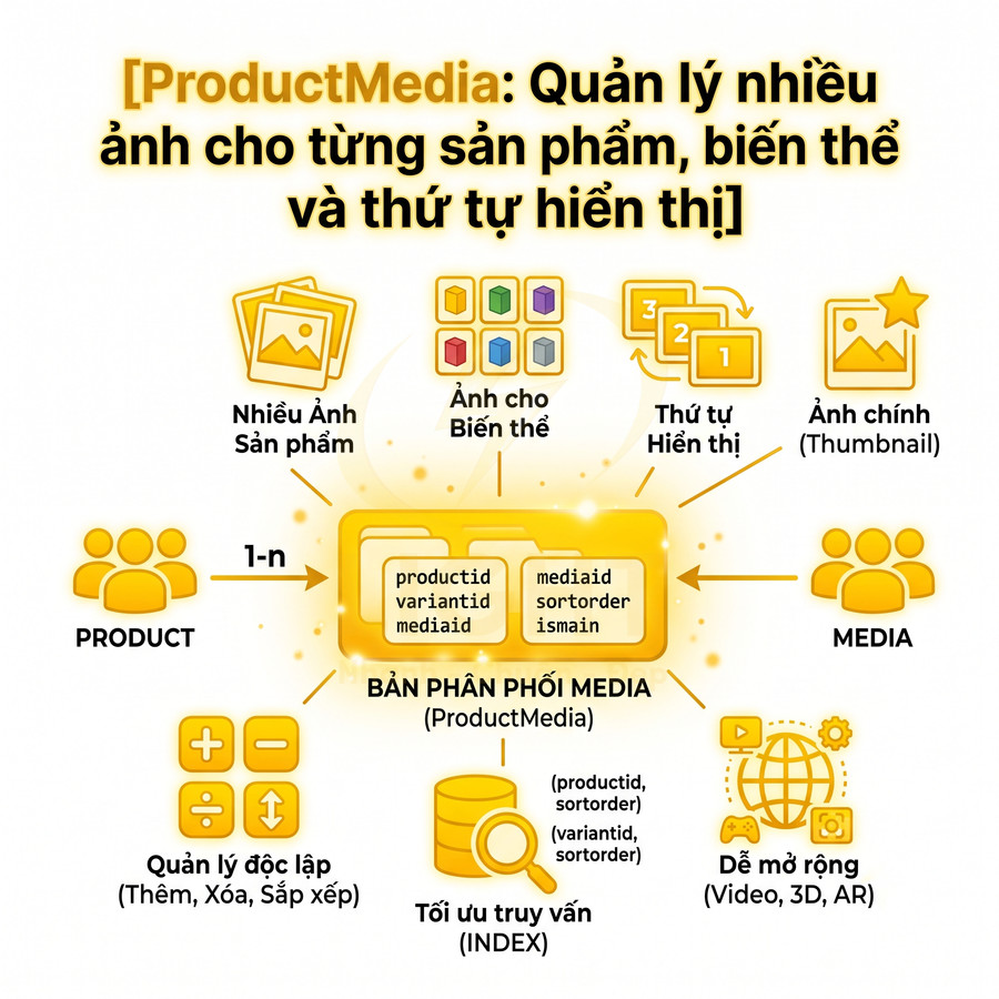 Sơ đồ ProductMedia quản lý nhiều ảnh sản phẩm, ảnh biến thể, ảnh thumbnail và thứ tự hiển thị cho hệ thống bán hàng
