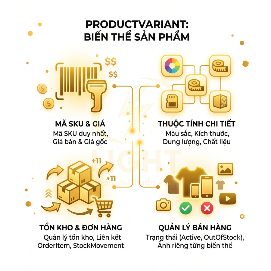 Infographic ProductVariant biến thể sản phẩm với mã SKU giá, thuộc tính chi tiết, tồn kho đơn hàng và quản lý bán hàng