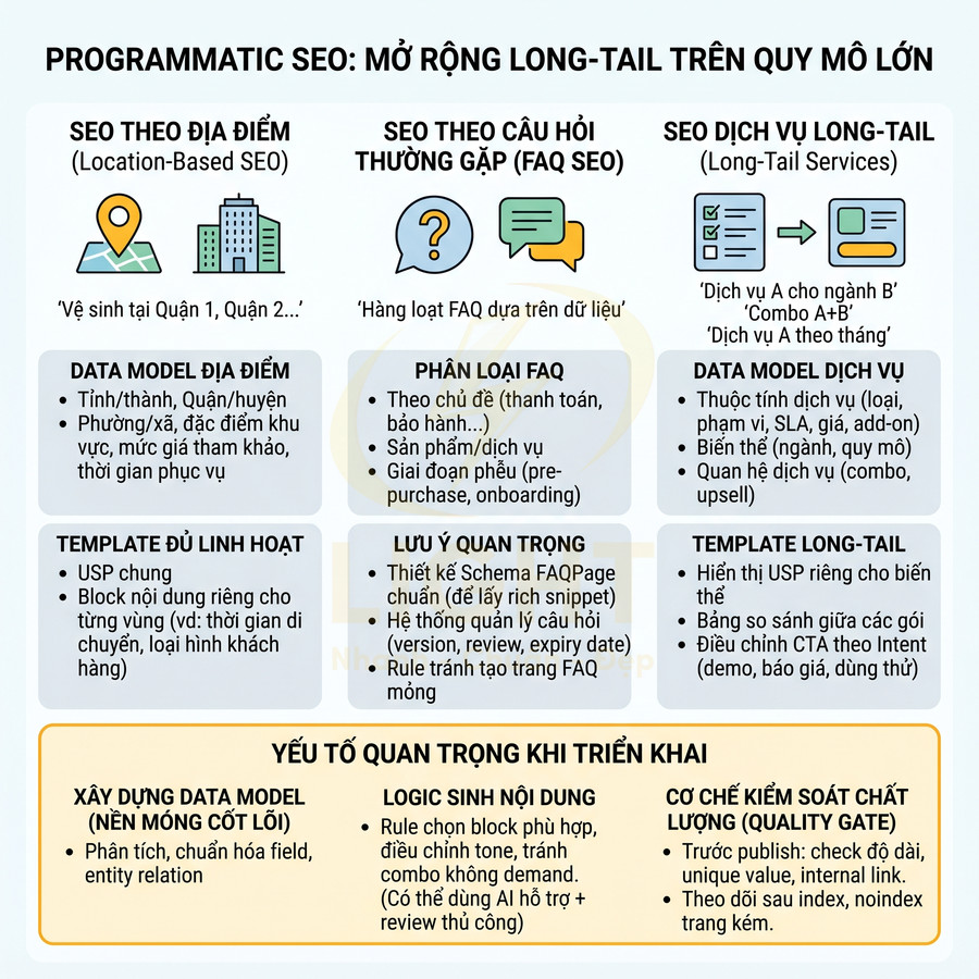 Infographic programmatic SEO mở rộng long tail với chiến lược SEO địa điểm, FAQ và dịch vụ, kèm data model và lưu ý triển khai