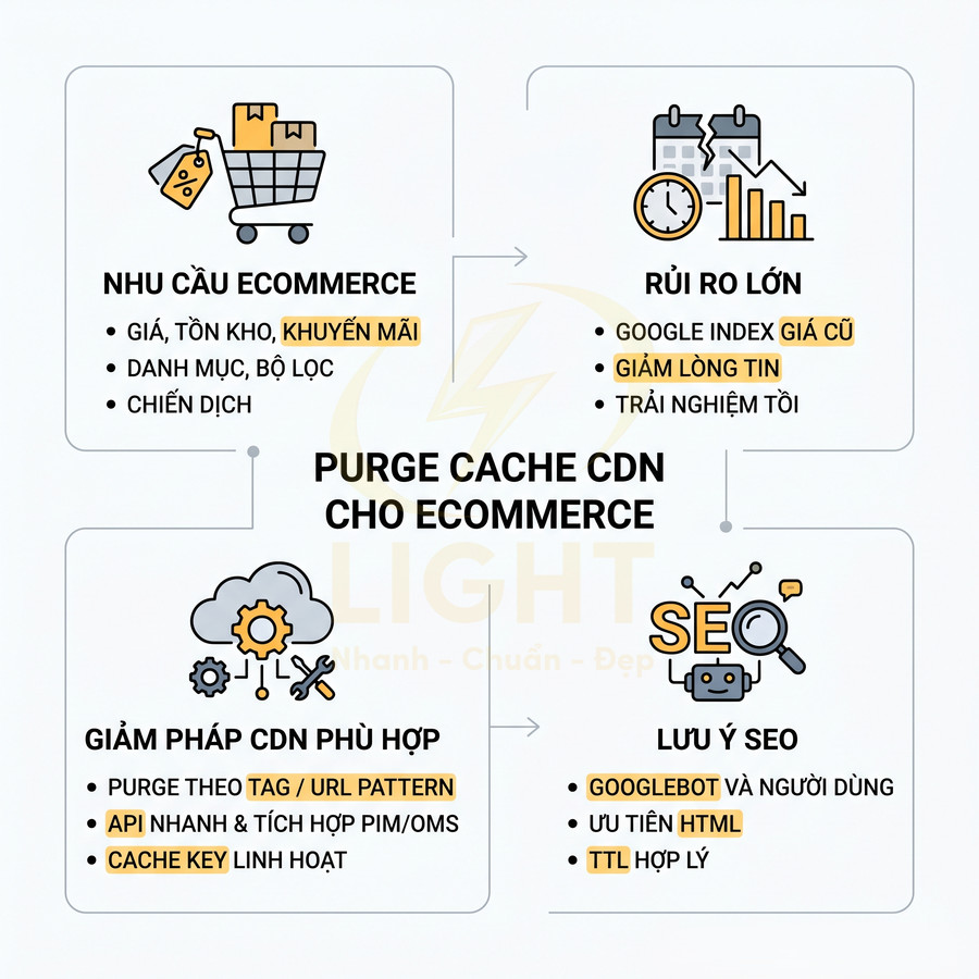 Infographic về giải pháp purge cache CDN cho ecommerce, nêu nhu cầu, rủi ro, giải pháp CDN và lưu ý SEO