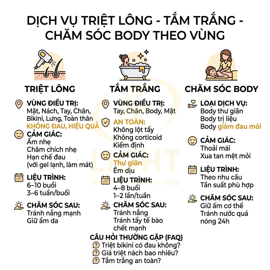 Dịch vụ triệt lông, tắm trắng, chăm sóc body theo vùng với mô tả liệu trình và cảm giác sau khi thực hiện