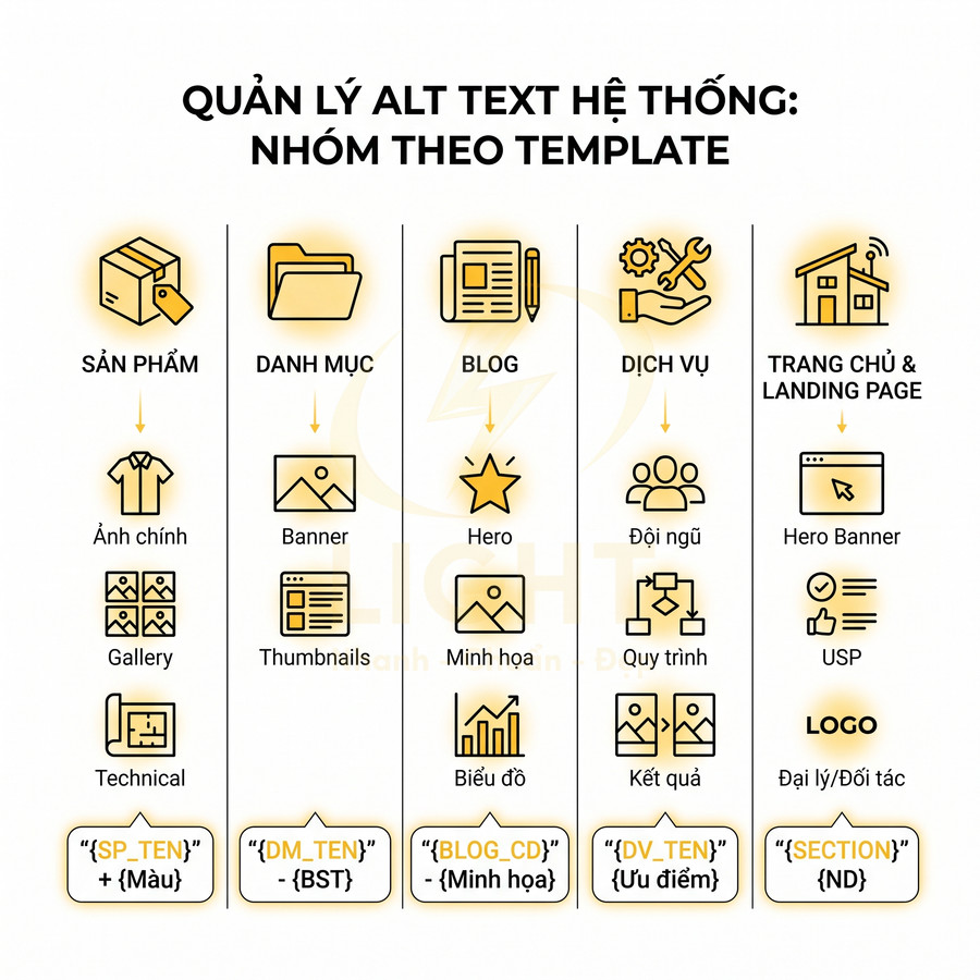 Hướng dẫn quản lý alt text hệ thống theo template cho sản phẩm, danh mục, blog, dịch vụ và trang chủ