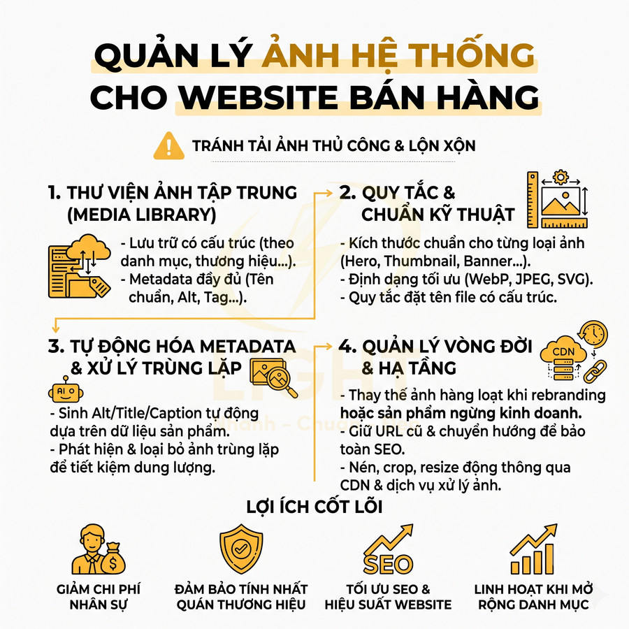 Infographic quản lý ảnh hệ thống cho website bán hàng với các bước tối ưu thư viện, metadata và hạ tầng CDN