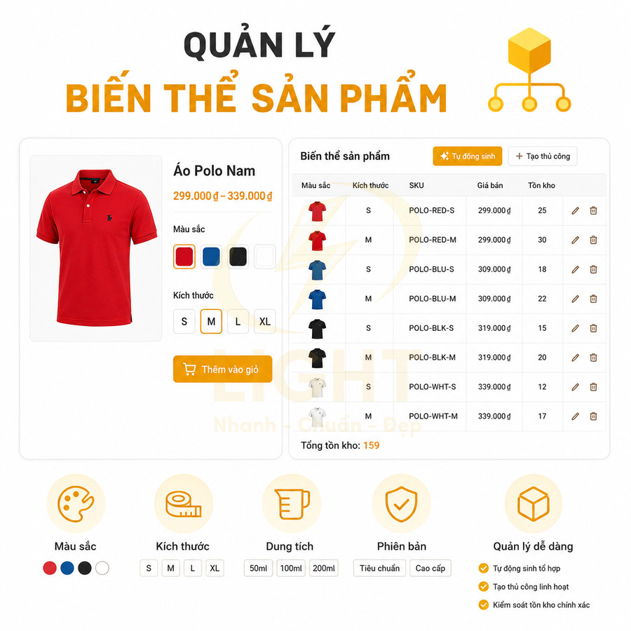 Giao diện quản lý biến thể sản phẩm áo polo nam nhiều màu và size, hiển thị giá và tồn kho chi tiết