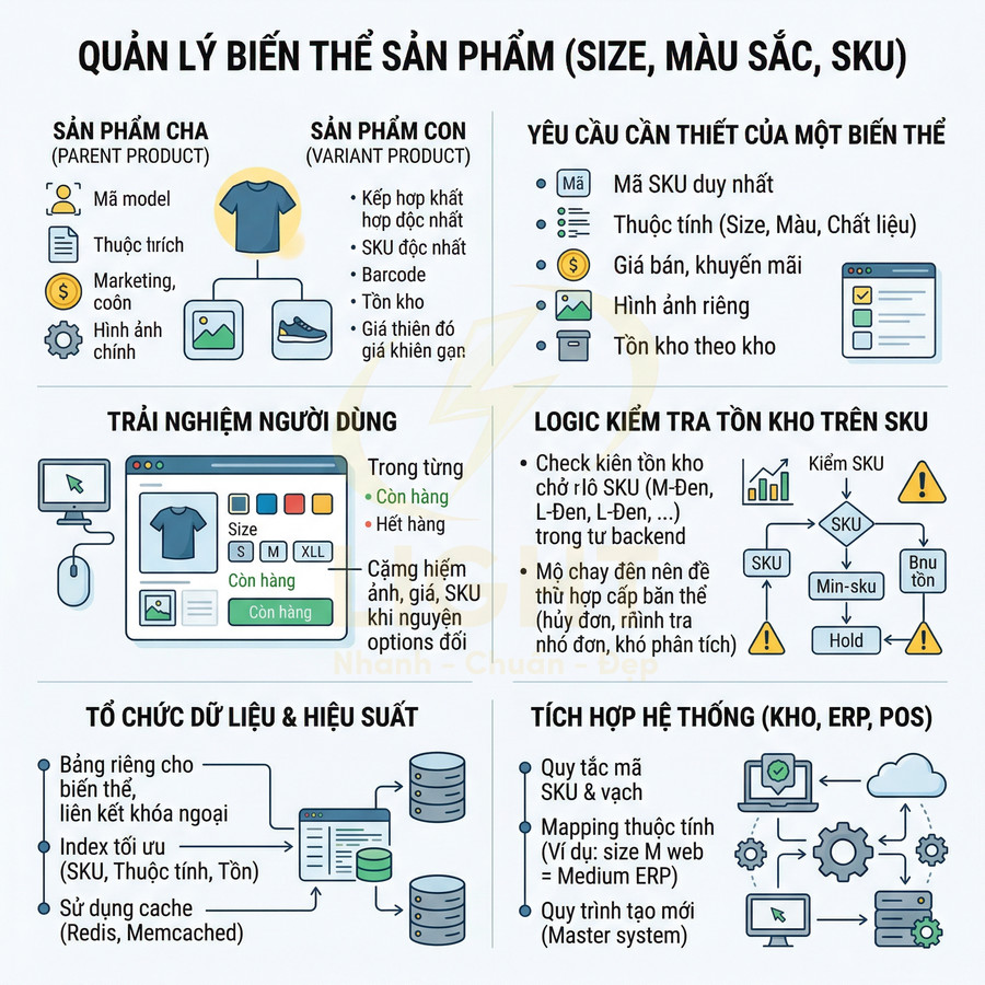 Infographic quản lý biến thể sản phẩm theo size màu sắc và SKU cho bán hàng và tồn kho