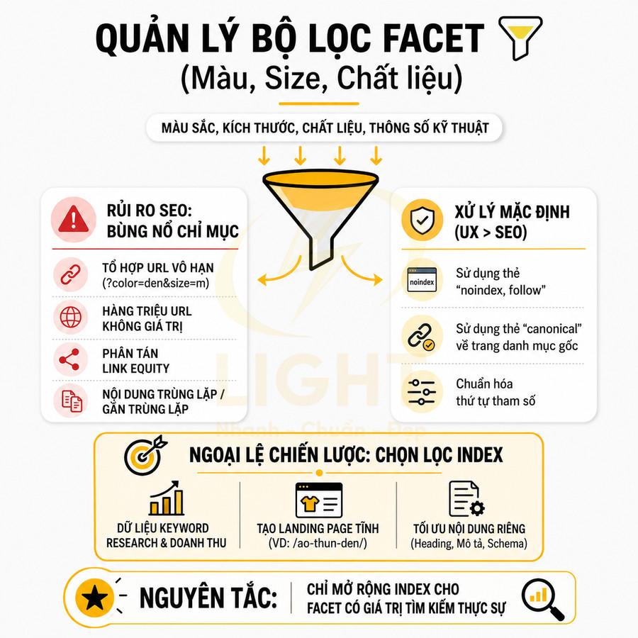 Quản lý bộ lọc facet màu size chất liệu trong SEO với rủi ro bùng nổ chỉ mục và chiến lược chọn lọc index