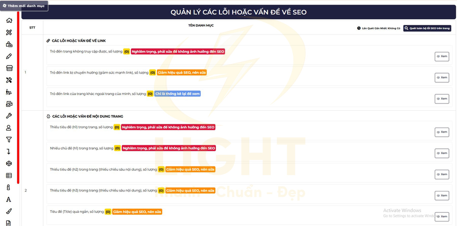 Giao diện quản lý các lỗi hoặc vấn đề về SEO trên website với danh sách hạng mục và mức độ nghiêm trọng