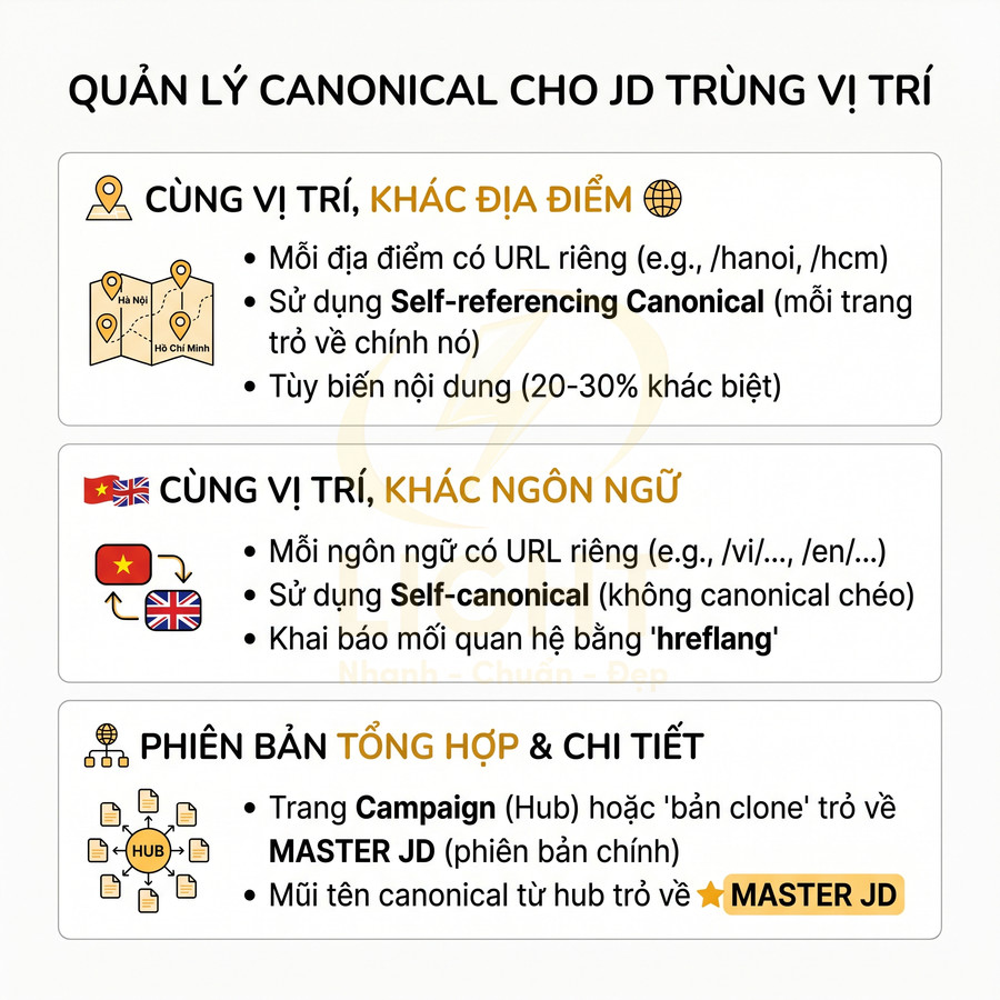 Hướng dẫn quản lý thẻ canonical cho JD trùng vị trí theo địa điểm, ngôn ngữ và phiên bản tổng hợp
