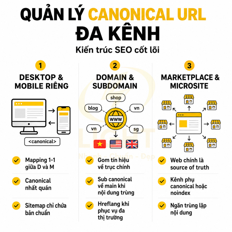 Infographic hướng dẫn quản lý canonical URL đa kênh cho desktop mobile domain subdomain marketplace microsite trong SEO
