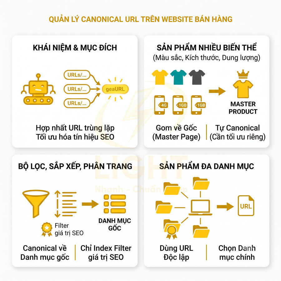 Hướng dẫn quản lý canonical URL cho website bán hàng với sản phẩm biến thể, bộ lọc và đa danh mục