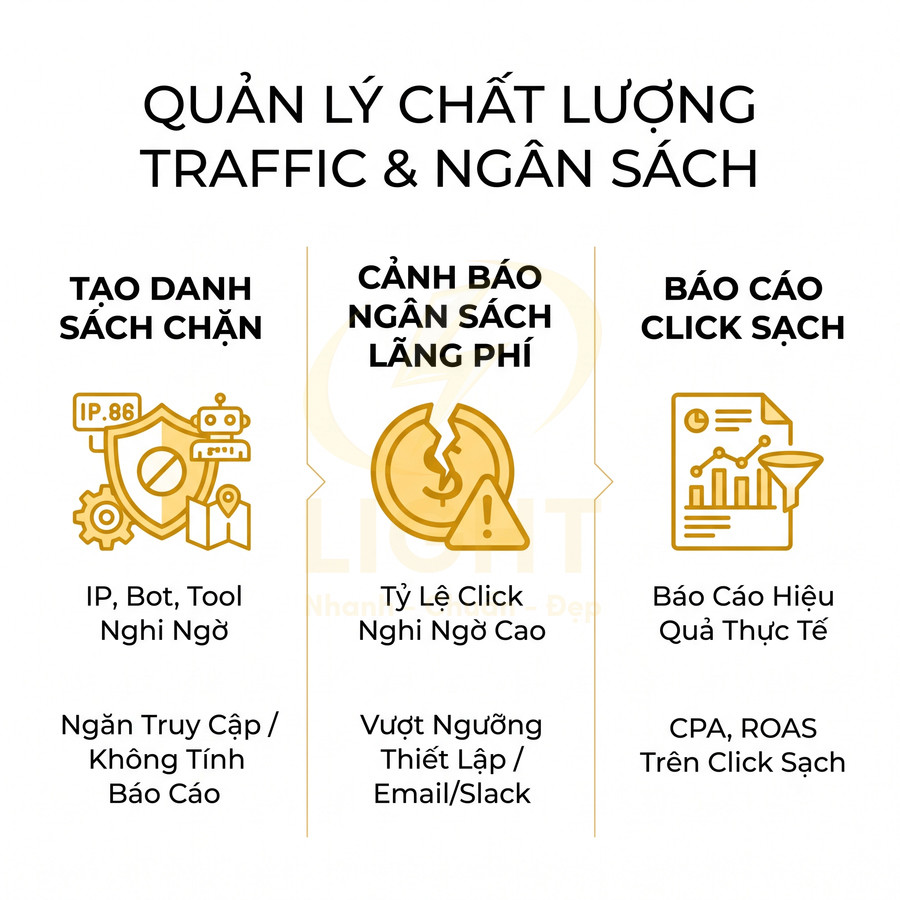 Giải pháp quản lý chất lượng traffic và ngân sách quảng cáo với chặn IP bot, cảnh báo lãng phí và báo cáo click sạch