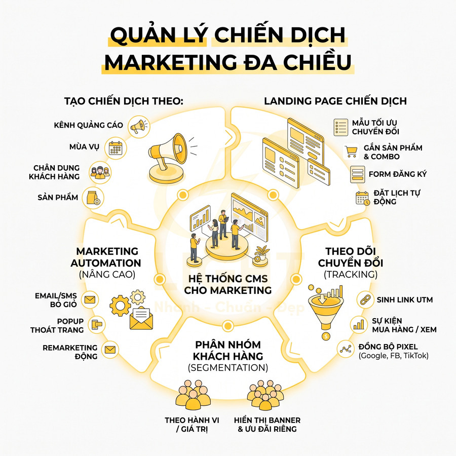 Sơ đồ hệ thống CMS quản lý chiến dịch marketing đa kênh với landing page, automation và theo dõi chuyển đổi