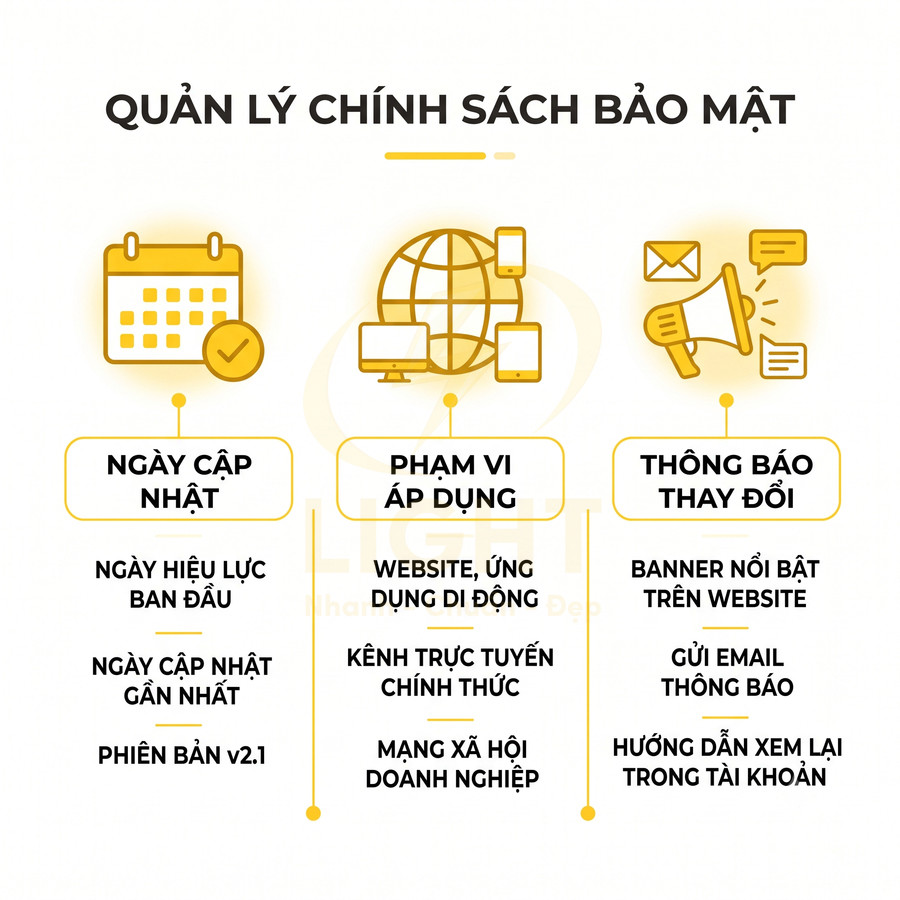 Quản lý chính sách bảo mật với ngày cập nhật, phạm vi áp dụng và cách thông báo thay đổi trên website, ứng dụng