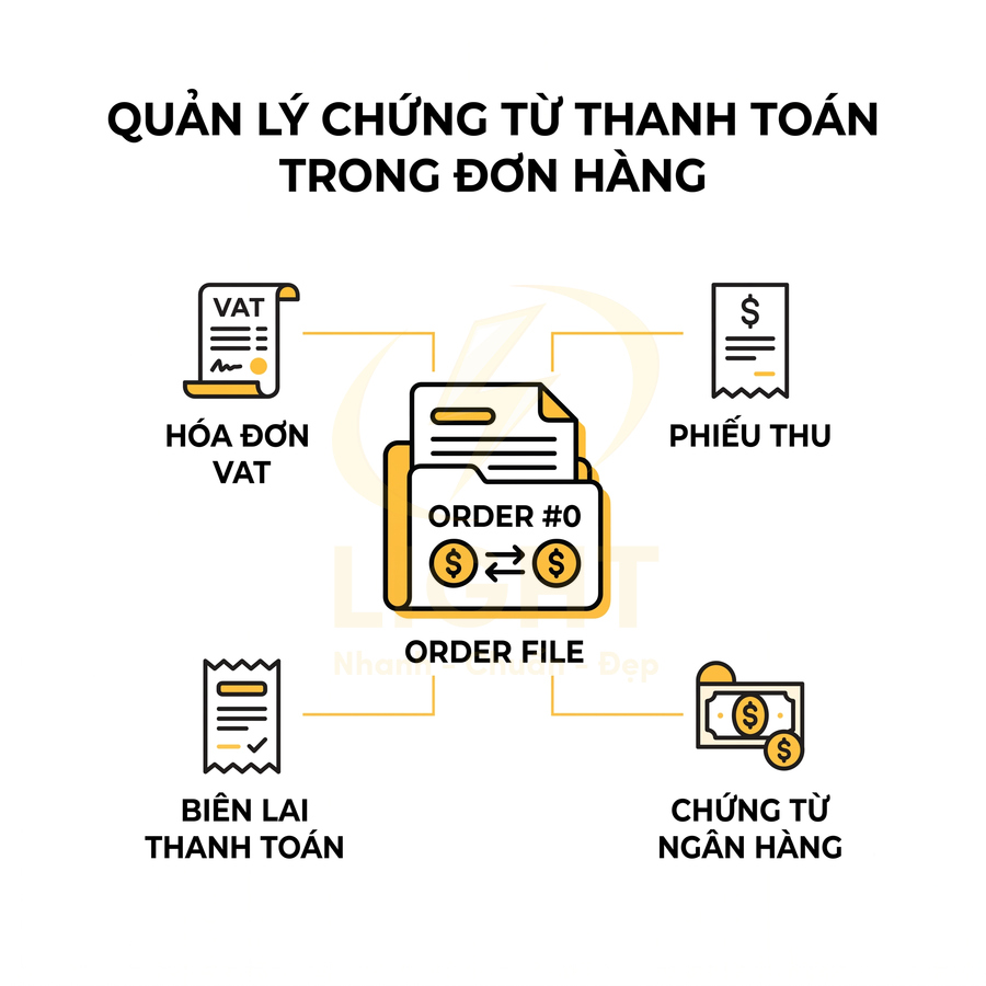 Quản lý chứng từ thanh toán trong đơn hàng gồm hóa đơn VAT, phiếu thu, biên lai và chứng từ ngân hàng