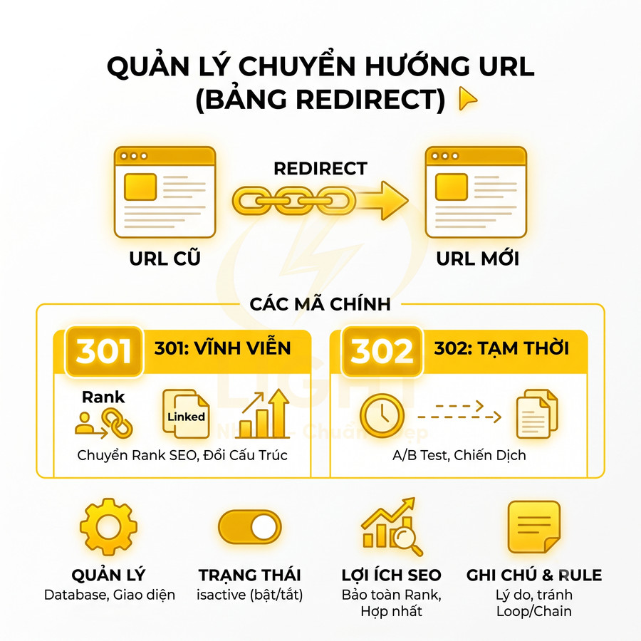 Minh họa quản lý chuyển hướng URL bằng redirect 301 và 302 và các lợi ích SEO liên quan