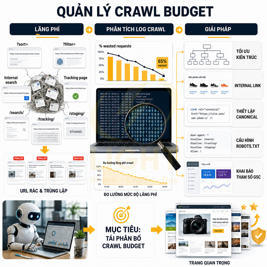 Infographic quy trình quản lý crawl budget SEO với phân tích log, xử lý lãng phí và tối ưu trang quan trọng