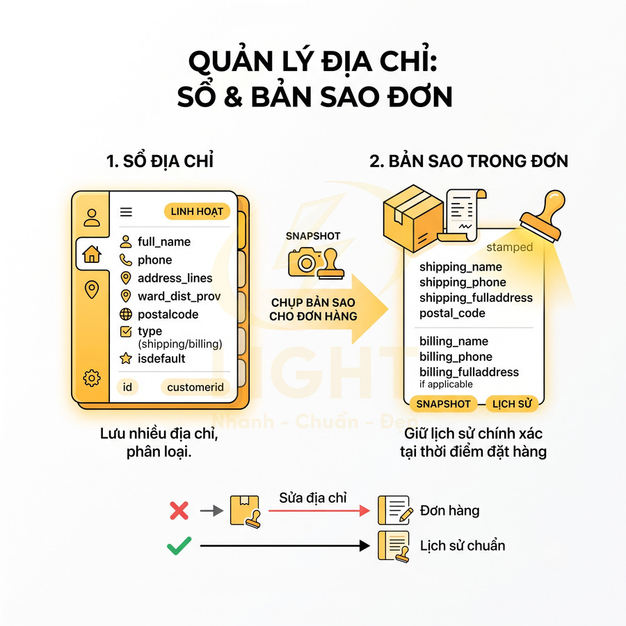 Minh họa tính năng quản lý sổ địa chỉ và bản sao địa chỉ trong đơn hàng của phần mềm bán hàng