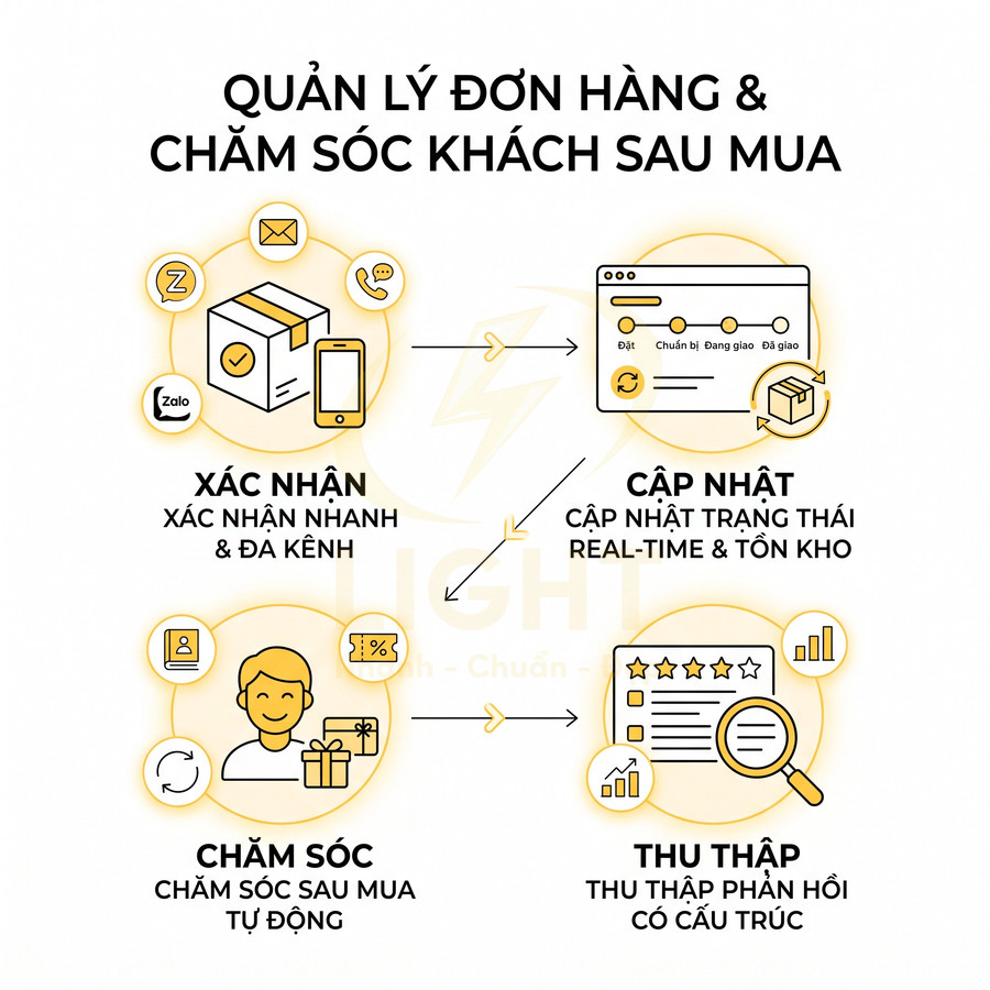 Quy trình quản lý đơn hàng và chăm sóc khách sau mua với các bước xác nhận, cập nhật, chăm sóc và thu thập phản hồi