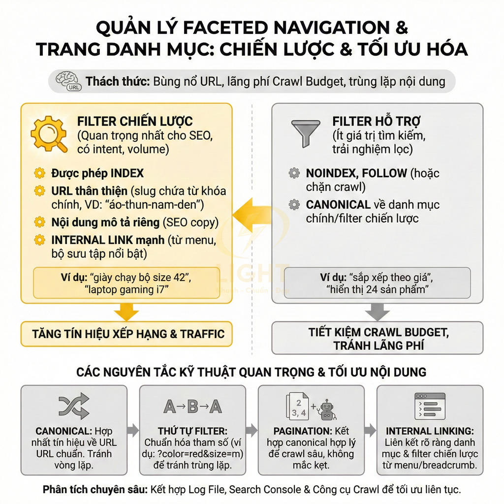 Infographic hướng dẫn chiến lược tối ưu SEO faceted navigation và trang danh mục với filter chiến lược và filter hỗ trợ
