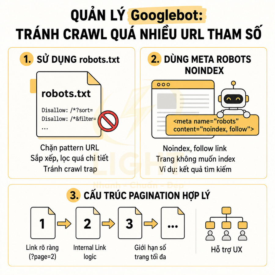 Hướng dẫn quản lý Googlebot tránh crawl quá nhiều URL tham số bằng robots.txt, meta robots noindex và cấu trúc pagination hợp lý