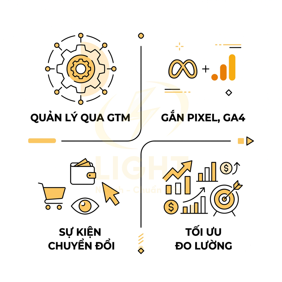 Dịch vụ gắn Facebook Pixel, Google Analytics 4, quản lý qua GTM, thiết lập sự kiện chuyển đổi và tối ưu đo lường quảng cáo