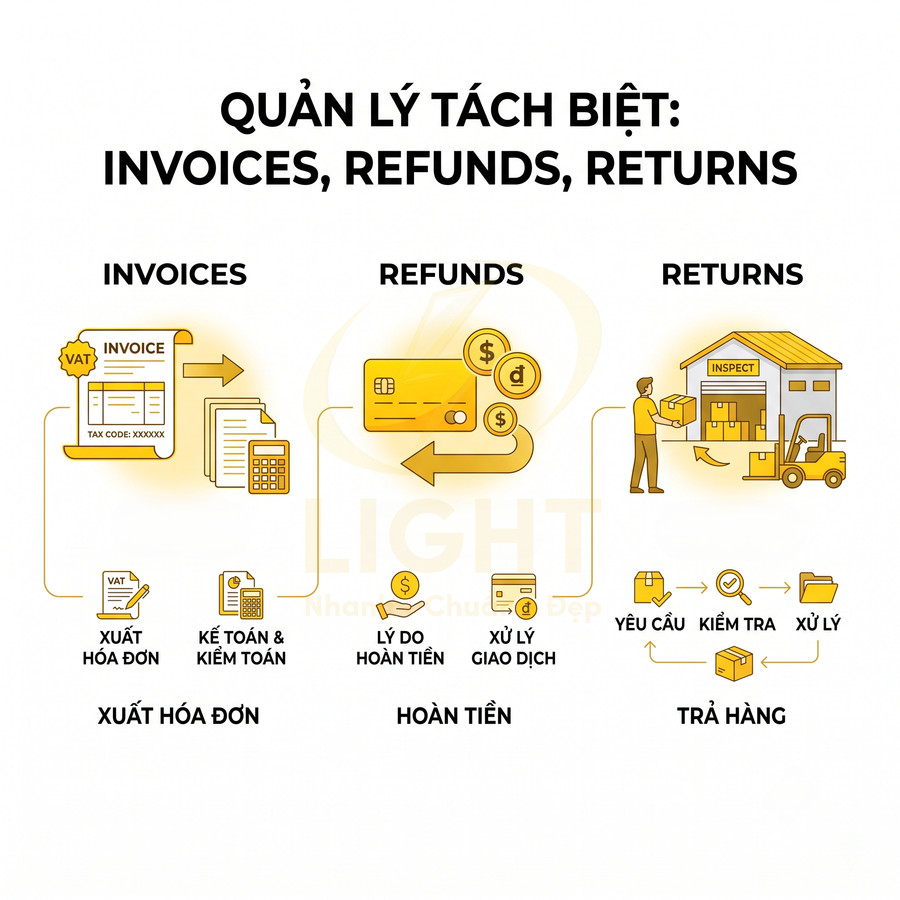 Quy trình quản lý tách biệt xuất hóa đơn, hoàn tiền và trả hàng trong hệ thống bán hàng