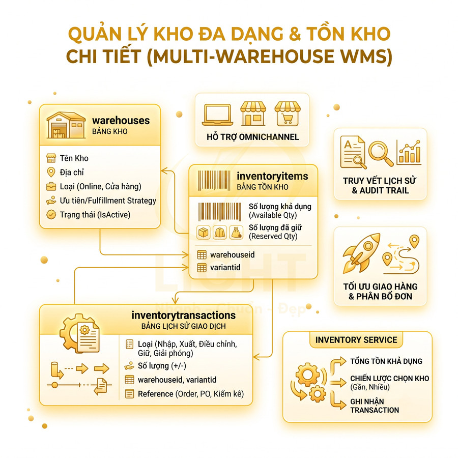 Sơ đồ giải pháp phần mềm quản lý kho đa chi nhánh multi warehouse WMS với các bảng tồn kho và giao dịch