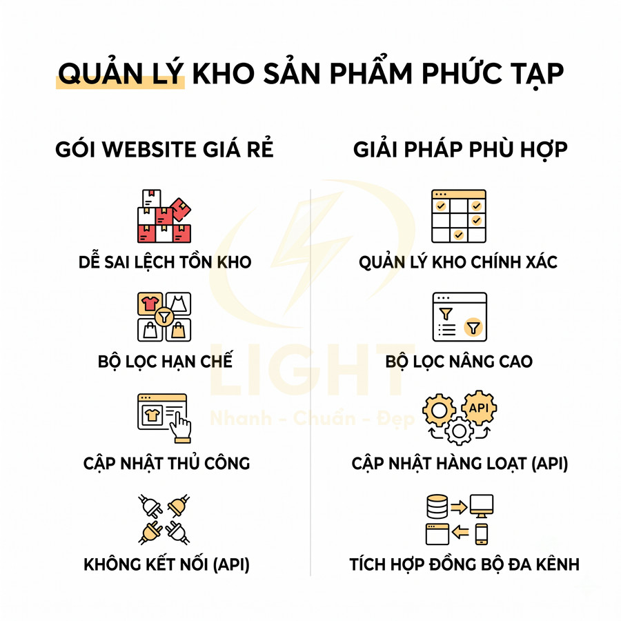 So sánh gói website giá rẻ và giải pháp quản lý kho sản phẩm phức tạp với tính năng API và đồng bộ đa kênh
