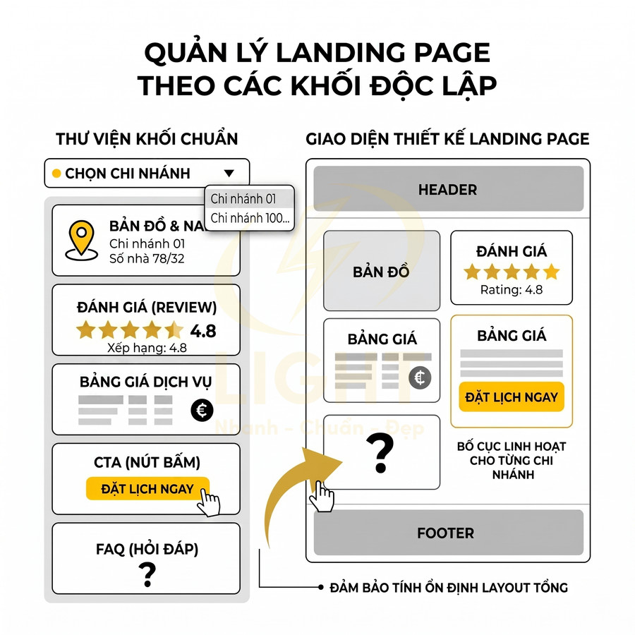 Mô phỏng giao diện quản lý landing page theo khối độc lập với bản đồ, đánh giá, bảng giá và nút CTA đặt lịch ngay