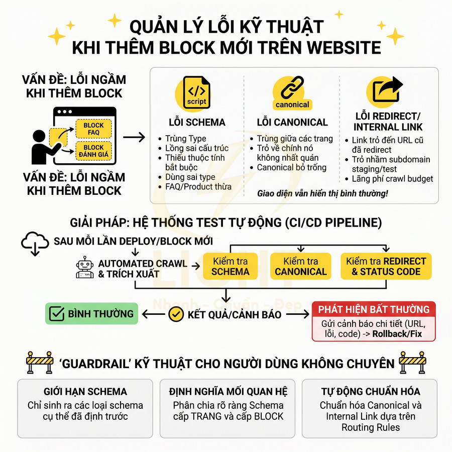 Infographic quy trình quản lý lỗi kỹ thuật khi thêm block mới trên website với hệ thống test tự động CI CD