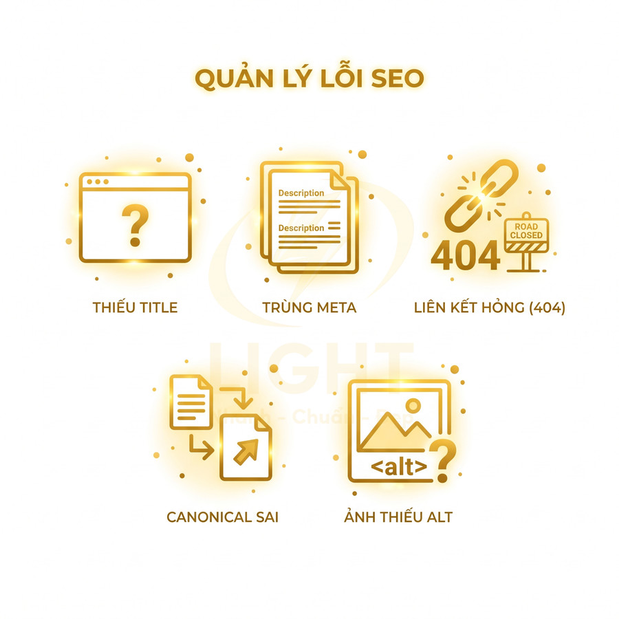 Các lỗi SEO phổ biến gồm thiếu title, trùng meta, liên kết hỏng 404, canonical sai và ảnh thiếu thẻ alt
