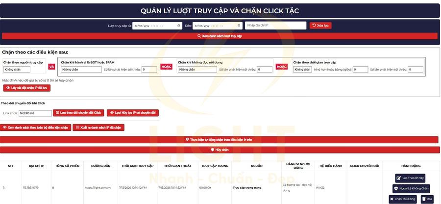 Giao diện phần mềm quản lý lượt truy cập và chặn click tặc với bảng thống kê chi tiết