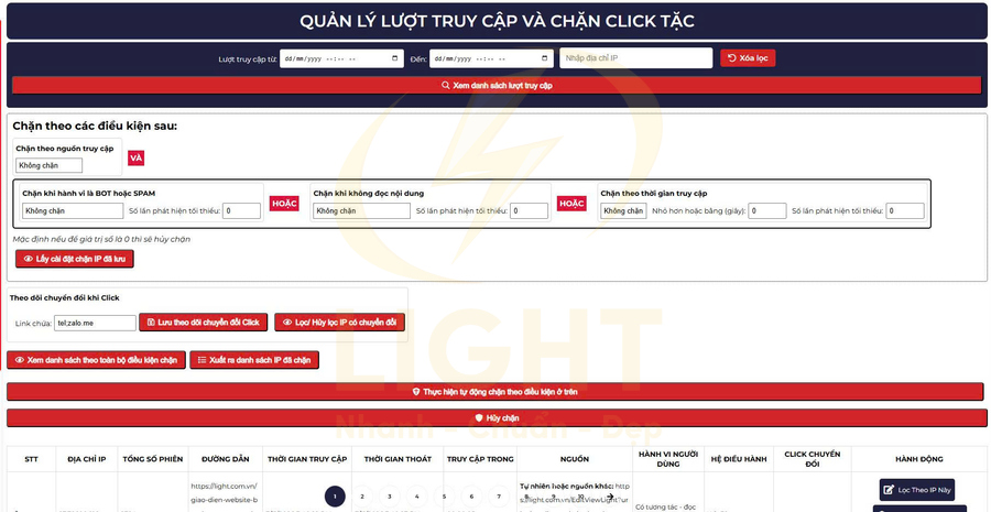 Giao diện phần mềm Light quản lý lượt truy cập và chặn click tặc quảng cáo online