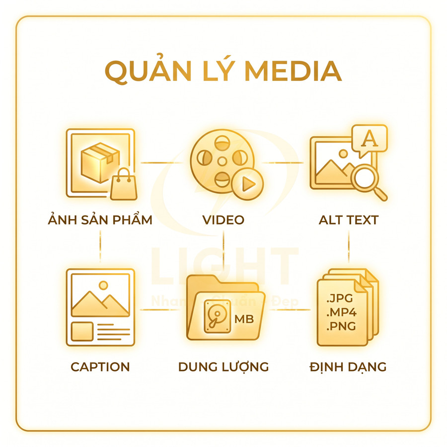 Sơ đồ quản lý media cho sản phẩm gồm ảnh, video, alt text, caption, dung lượng và định dạng file