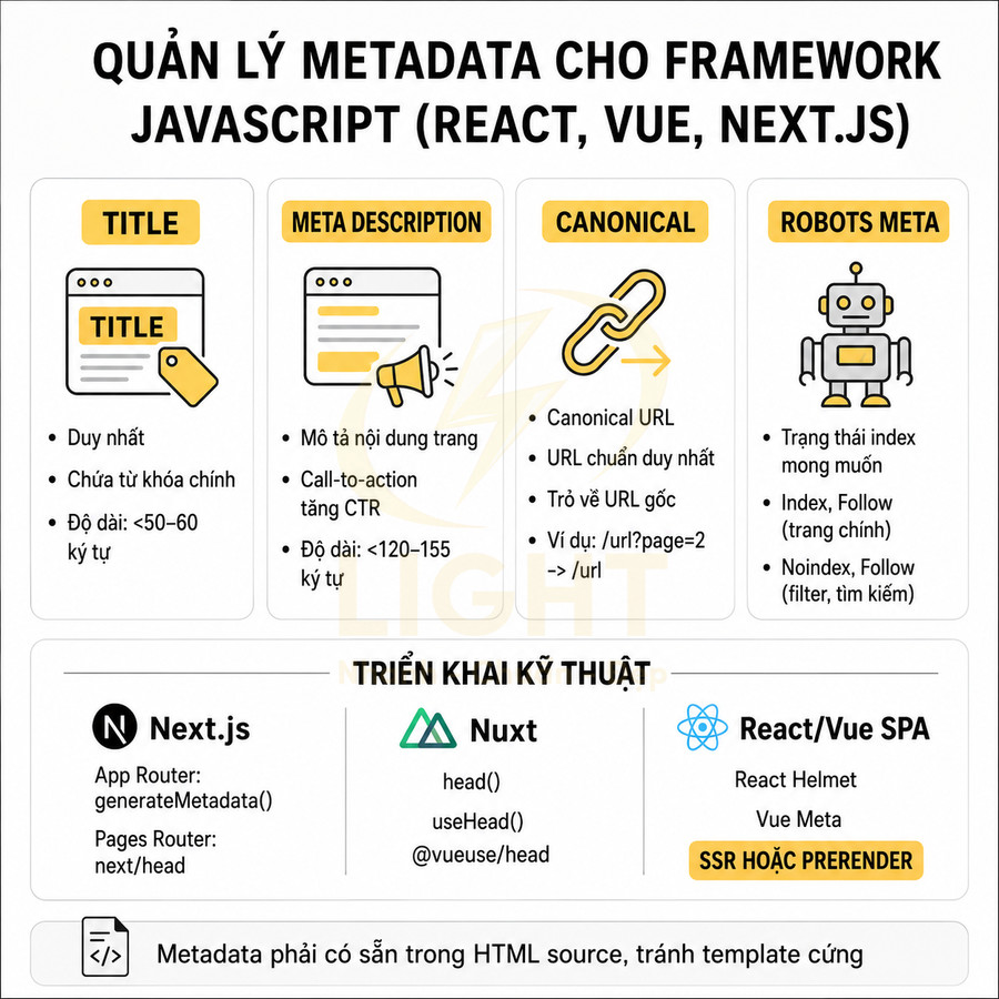 Hướng dẫn quản lý metadata SEO cho framework JavaScript React Vue Next.js với title meta description canonical robots meta