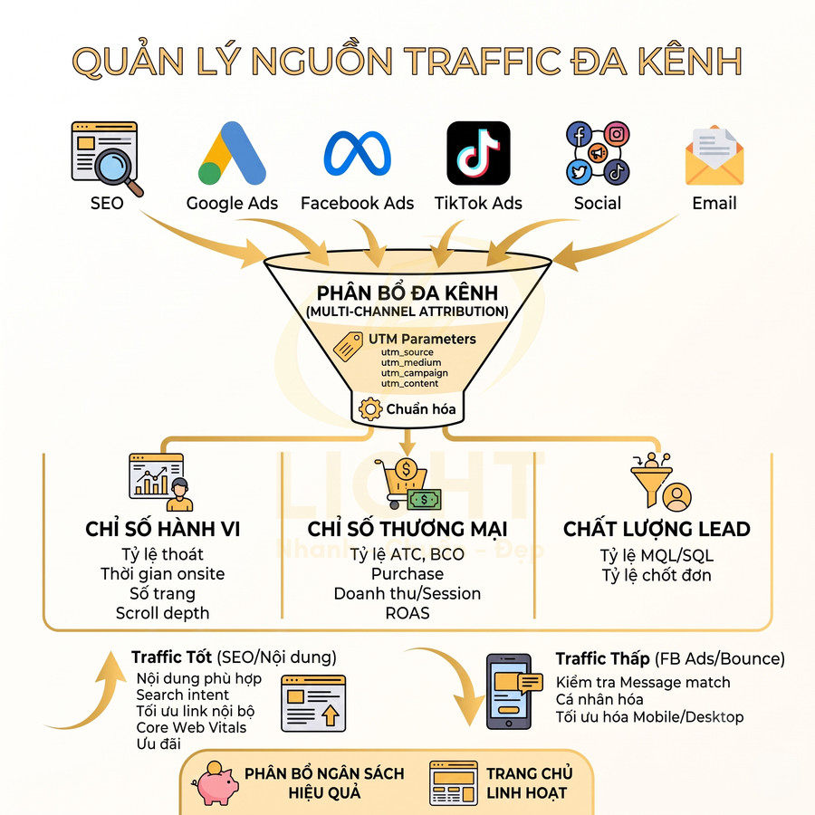 Mô hình quản lý nguồn traffic đa kênh với phễu phân bổ, chỉ số hành vi, thương mại và chất lượng lead