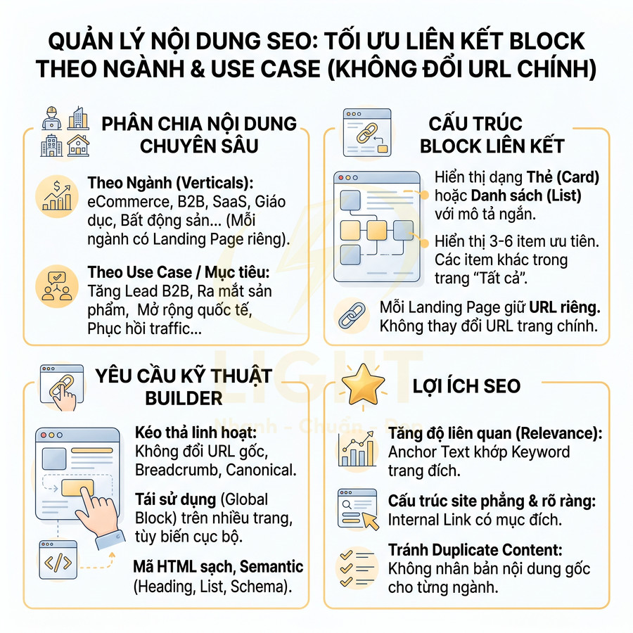 Hướng dẫn quản lý nội dung SEO tối ưu liên kết block theo ngành và use case, trình bày yêu cầu kỹ thuật và lợi ích SEO