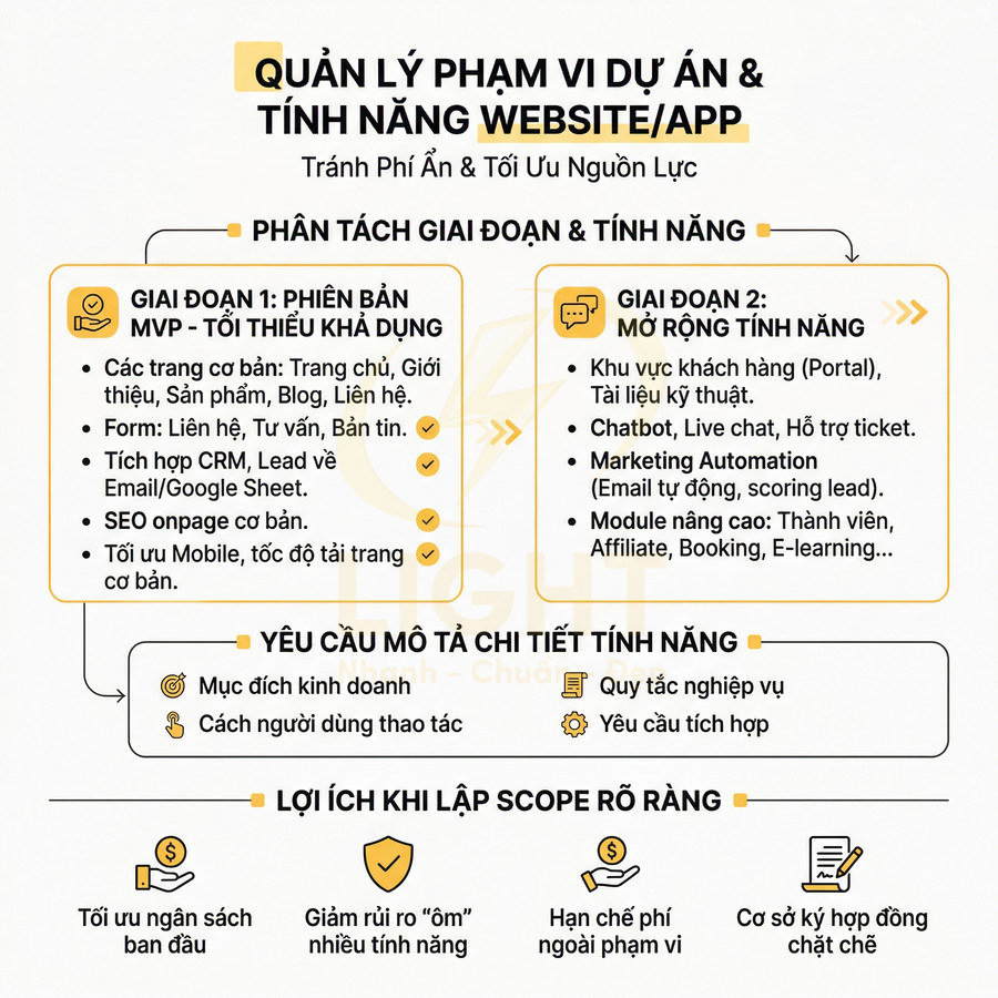 Infographic quản lý phạm vi dự án và tính năng website app với hai giai đoạn phát triển MVP và mở rộng chức năng