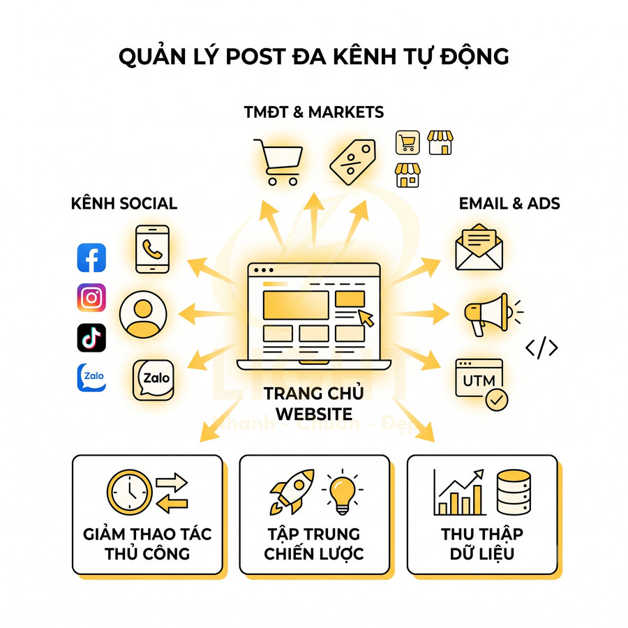 Mô hình quản lý post đa kênh tự động từ trang chủ website tới mạng xã hội, email, quảng cáo và sàn TMĐT