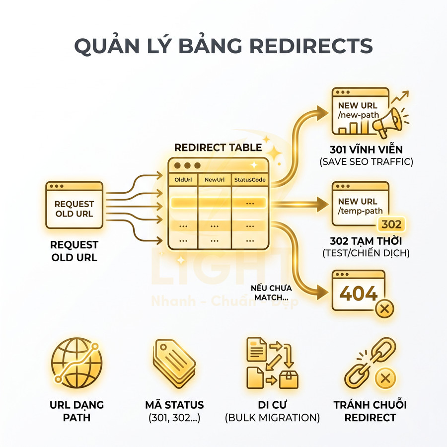 Sơ đồ quản lý redirect URL với bảng redirect, mã status 301 302, tránh lỗi 404 và chuỗi chuyển hướng