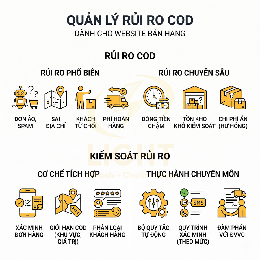 Infographic quản lý rủi ro COD cho website bán hàng với các loại rủi ro và giải pháp kiểm soát chi tiết