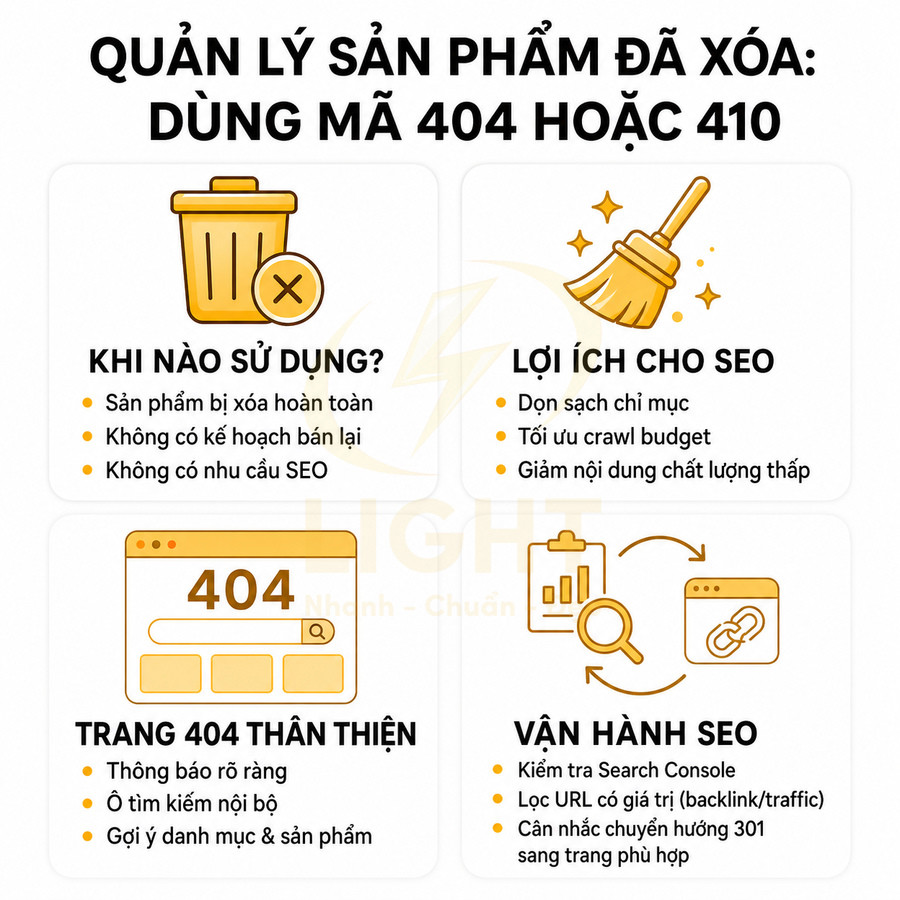 Hướng dẫn quản lý sản phẩm đã xóa dùng mã 404 hoặc 410 và tối ưu SEO cho trang web thương mại điện tử
