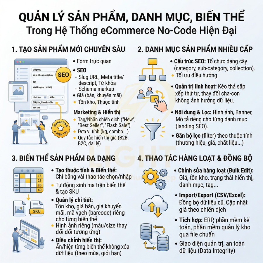 Mô tả tính năng quản lý sản phẩm, danh mục, biến thể trong hệ thống eCommerce no code hiện đại bằng infographic