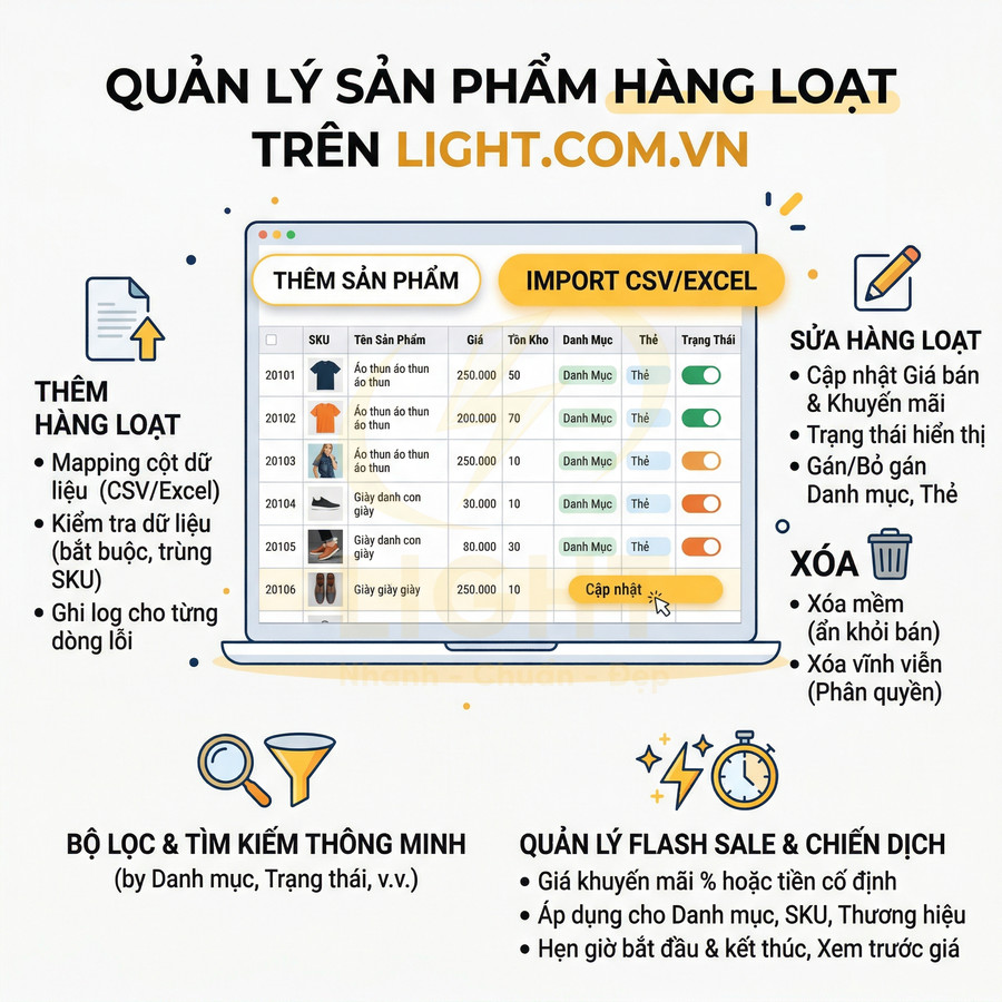 Giao diện quản lý sản phẩm hàng loạt trên Light.com.vn với bảng sản phẩm, nút thêm và import CSV Excel