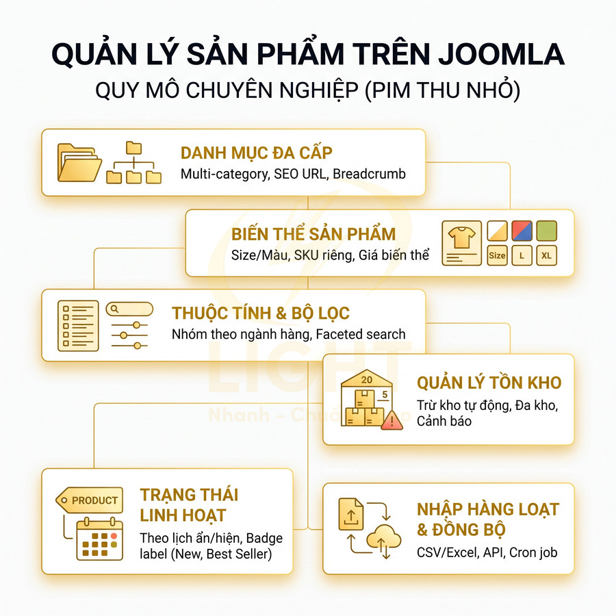 Quản lý sản phẩm trên Joomla với danh mục đa cấp, biến thể, thuộc tính, tồn kho và nhập hàng đồng bộ